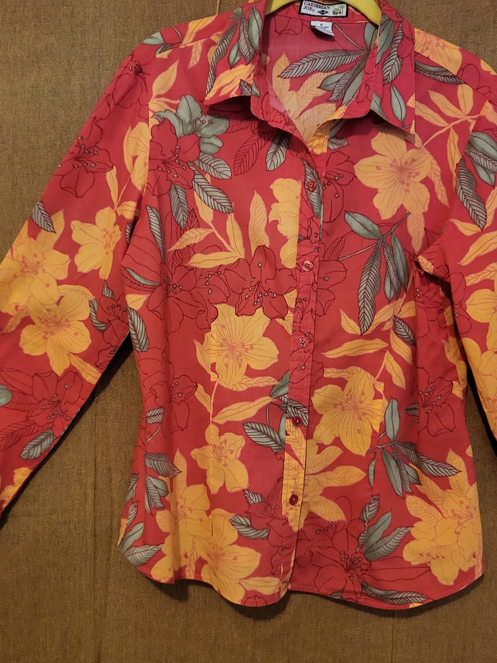 Caribbean Joe Red Floral Button-Up Shirt with Yellow & Green Accents